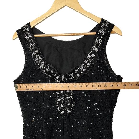 VINTAGE 1970s Stenay 8 Beaded Pearls Sequins Sleeveless Dress 100% Silk Black - Picture 5 of 8